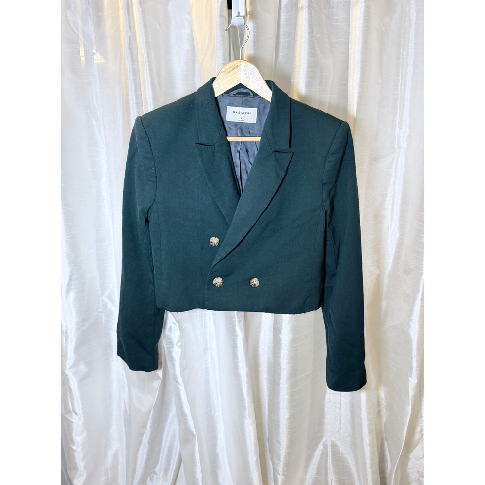 Babaton Cropped Blazer Women Small Green Double Breasted Raw Hem Jacket